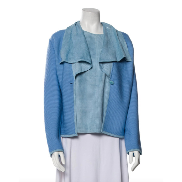 St. John Blue Wool Ribbed 1 button Jacket w perforated Leather with matching Top - Picture 1 of 11